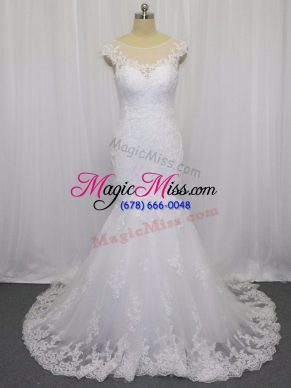 White Scoop Neckline Lace Wedding Gown Sleeveless Clasp Handle