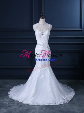 Backless Bridal Gown White for Wedding Party with Beading and Lace Brush Train