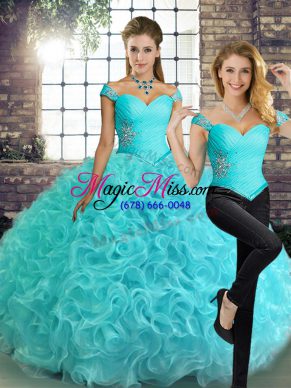 Two Pieces Quinceanera Gown Aqua Blue Off The Shoulder Fabric With Rolling Flowers Sleeveless Floor Length Lace Up