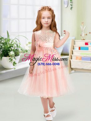 Organza Scoop Sleeveless Zipper Sequins and Hand Made Flower Flower Girl Dress in Baby Pink