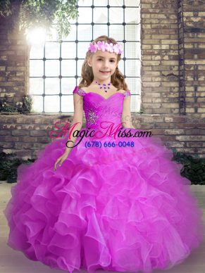 Floor Length Lace Up Little Girl Pageant Dress Fuchsia for Party and Wedding Party with Beading and Ruffles