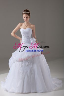 White Organza Lace Up Wedding Dresses Sleeveless Brush Train Appliques and Hand Made Flower