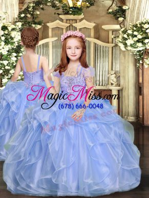 Blue Ball Gowns Organza Straps Sleeveless Beading Floor Length Lace Up Child Pageant Dress