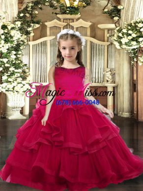 Elegant Sleeveless Evening Gowns Floor Length Ruffled Layers Red Tulle