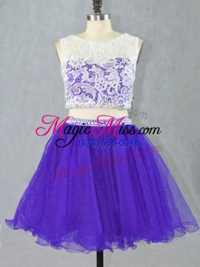 Low Price Purple Two Pieces Scoop Sleeveless Organza Mini Length Zipper Lace and Appliques Evening Dress