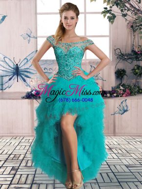 Eye-catching A-line Celebrity Evening Dresses Turquoise Off The Shoulder Tulle Sleeveless High Low Lace Up
