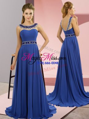 Scoop Sleeveless Brush Train Zipper Homecoming Dress Royal Blue Chiffon
