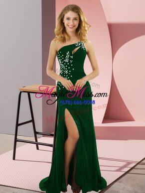 Inexpensive Column/Sheath Sleeveless Dark Green Prom Dress Sweep Train Lace Up