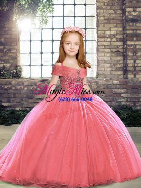 Watermelon Red Tulle Lace Up High School Pageant Dress Sleeveless Brush Train Beading