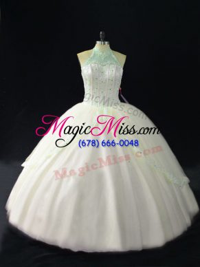 Hot Selling White Halter Top Neckline Beading Quince Ball Gowns Sleeveless Lace Up