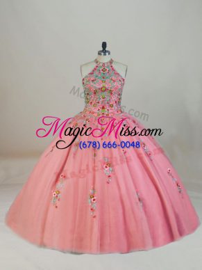 Simple Pink Tulle Lace Up Sweet 16 Quinceanera Dress Sleeveless Brush Train Appliques and Embroidery