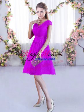 Superior Fuchsia Lace Lace Up Damas Dress Cap Sleeves Mini Length Lace