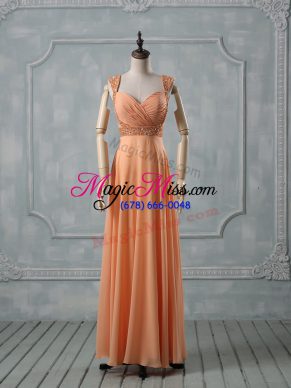 Beading and Ruching Prom Evening Gown Orange Criss Cross Sleeveless Floor Length