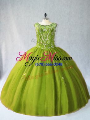 Charming Tulle Scoop Sleeveless Lace Up Beading Ball Gown Prom Dress in Olive Green