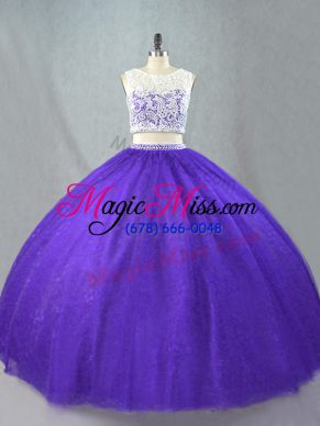 Adorable Floor Length Purple Vestidos de Quinceanera Tulle Sleeveless Appliques