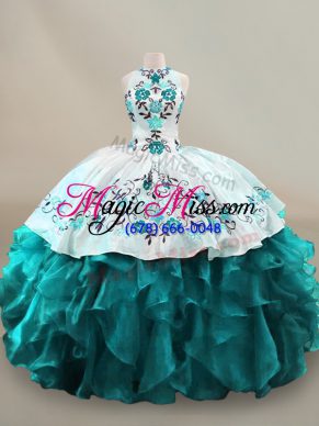 Teal Lace Up Halter Top Embroidery and Ruffles Sweet 16 Dresses Organza Sleeveless