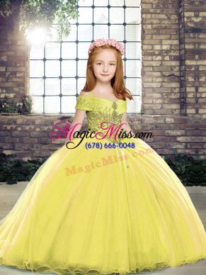 Excellent Yellow Girls Pageant Dresses Straps Sleeveless Brush Train Lace Up