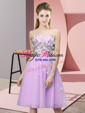 Fancy Knee Length Lilac Bridesmaid Dress Tulle Sleeveless Appliques