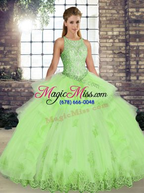Flare Yellow Green Ball Gowns Lace and Embroidery and Ruffles Quinceanera Gowns Lace Up Tulle Sleeveless Floor Length