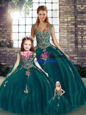 Hot Selling Floor Length Peacock Green Quinceanera Gown Tulle Sleeveless Beading and Appliques