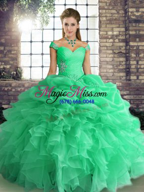 New Style Off The Shoulder Sleeveless Organza Quince Ball Gowns Beading and Ruffles and Pick Ups Lace Up