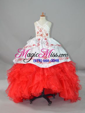 Elegant Satin and Organza Straps Sleeveless Sweep Train Lace Up Beading and Embroidery and Ruffles Pageant Dress for Teens in White And Red