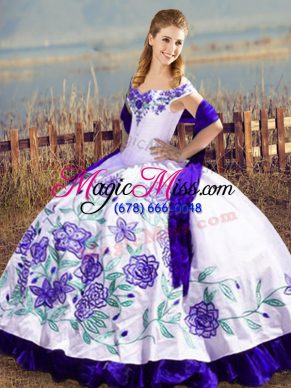 Sleeveless Floor Length Embroidery and Ruffles Lace Up Quinceanera Dress with White And Purple