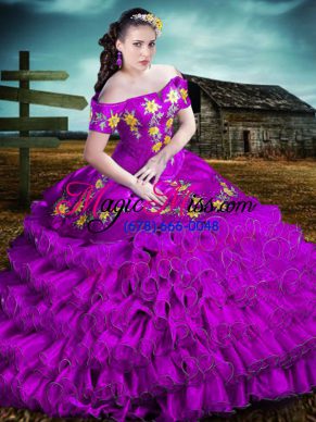 Vintage Purple Quinceanera Gown Sweet 16 and Quinceanera with Embroidery and Ruffles Off The Shoulder Sleeveless Lace Up