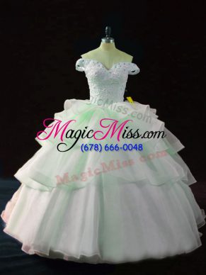 Graceful Off The Shoulder Sleeveless Organza Ball Gown Prom Dress Beading and Ruffled Layers Brush Train Lace Up