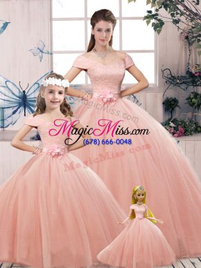 Glittering Short Sleeves Lace Up Floor Length Lace and Hand Made Flower Ball Gown Prom Dress