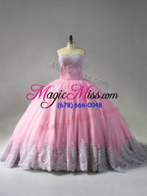 Fantastic Pink Sweetheart Lace Up Beading and Appliques Quinceanera Dress Court Train Sleeveless
