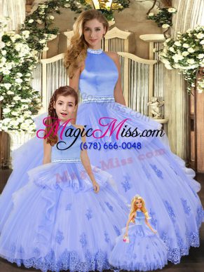 Customized Halter Top Sleeveless Quinceanera Dresses Floor Length Appliques Lavender Tulle