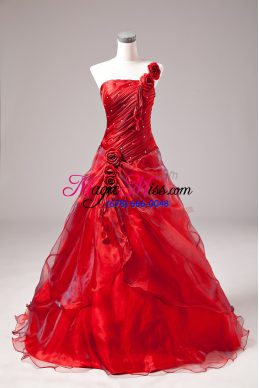 Red Ball Gowns One Shoulder Sleeveless Beading Floor Length Lace Up Ball Gown Prom Dress