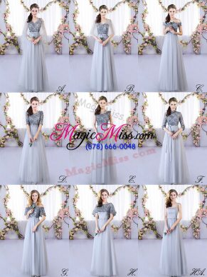 Grey Lace Up V-neck Appliques Bridesmaid Dresses Tulle Sleeveless