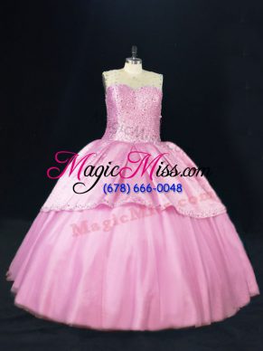 Superior Pink Lace Up Sweet 16 Dresses Beading Sleeveless Floor Length
