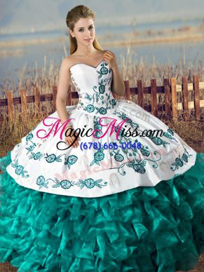 Modest Satin and Organza Sweetheart Sleeveless Lace Up Embroidery and Ruffles Sweet 16 Dress in Turquoise