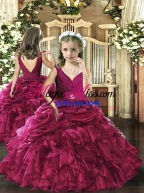 Fuchsia Sleeveless Organza Backless Little Girl Pageant Dress for Prom and Sweet 16 and Wedding Party