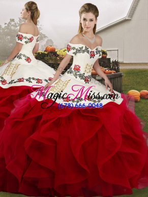 Off The Shoulder Sleeveless Tulle Quinceanera Gown Embroidery and Ruffles Lace Up