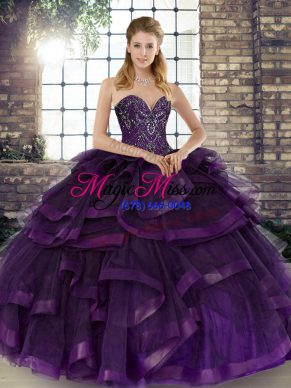 Purple Lace Up Sweetheart Beading and Ruffles Sweet 16 Dresses Tulle Sleeveless