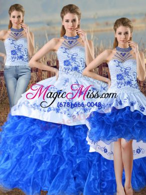 Fancy Blue And White Sweet 16 Dress Sweet 16 and Quinceanera with Embroidery and Ruffles Halter Top Sleeveless Court Train Lace Up