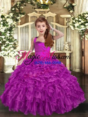 Fuchsia Ball Gowns Straps Sleeveless Organza Floor Length Lace Up Ruffles and Ruching Child Pageant Dress