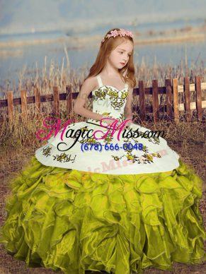Olive Green Ball Gowns Organza Straps Sleeveless Embroidery and Ruffles Floor Length Lace Up Little Girl Pageant Dress