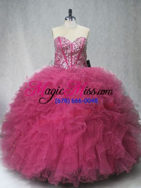 Coral Red Sweetheart Neckline Beading and Ruffles 15th Birthday Dress Sleeveless Lace Up