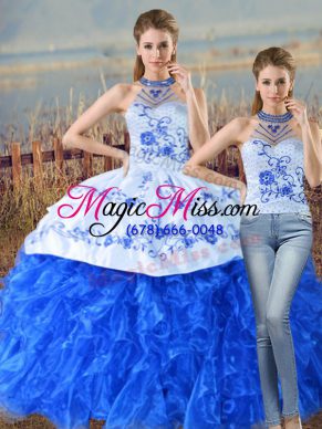 Lace Up Quinceanera Gowns Blue And White for Sweet 16 and Quinceanera with Embroidery and Ruffles Court Train
