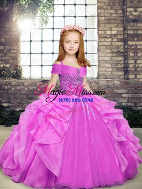 Lilac Organza Lace Up Child Pageant Dress Sleeveless Floor Length Beading and Ruffles