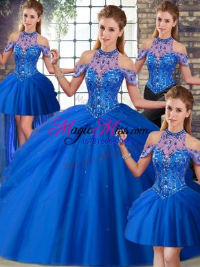 Brush Train Ball Gowns Sweet 16 Quinceanera Dress Blue Halter Top Tulle Sleeveless Lace Up