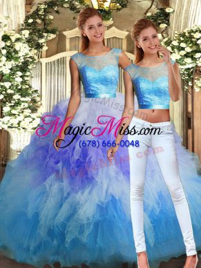 Stylish Multi-color Two Pieces Tulle Scoop Sleeveless Lace and Ruffles Floor Length Backless Quinceanera Dresses