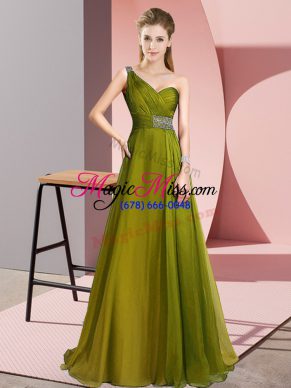 Olive Green Dress for Prom One Shoulder Sleeveless Brush Train Criss Cross