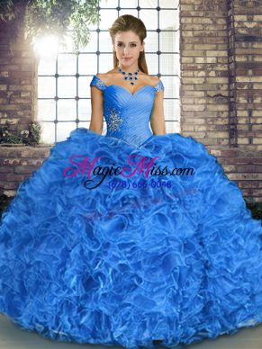 Admirable Blue Ball Gowns Beading and Ruffles Vestidos de Quinceanera Lace Up Organza Sleeveless Floor Length