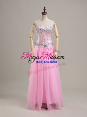 Spectacular Pink Column/Sheath Sweetheart Sleeveless Tulle Lace Up Beading Prom Party Dress